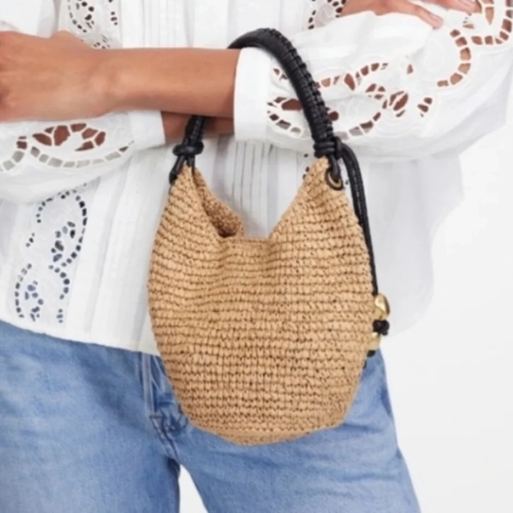 NWT Madewell The Camren Straw Mini Bag Woven Leather Trim Bead Charm India - Picture 2 of 5